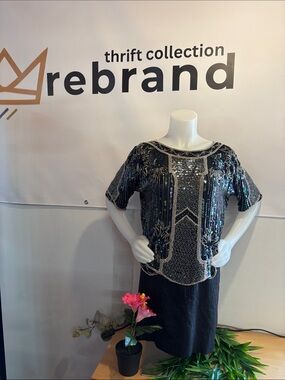 Vintage Black Sequin Embellished Women's Top